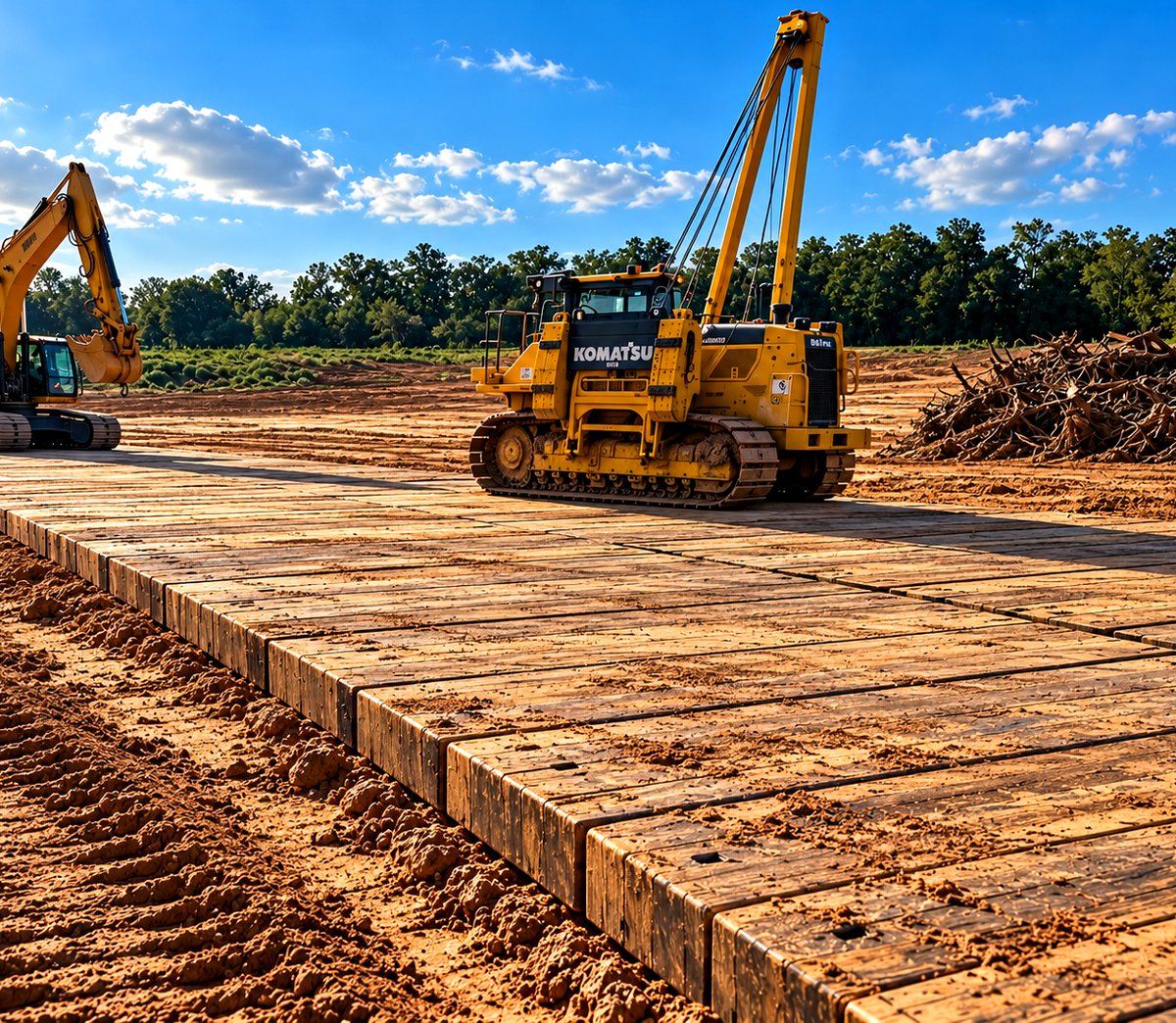 Recycled HDPE digging mats under site mud, laid as an access road carrying a pipelayer and excavator